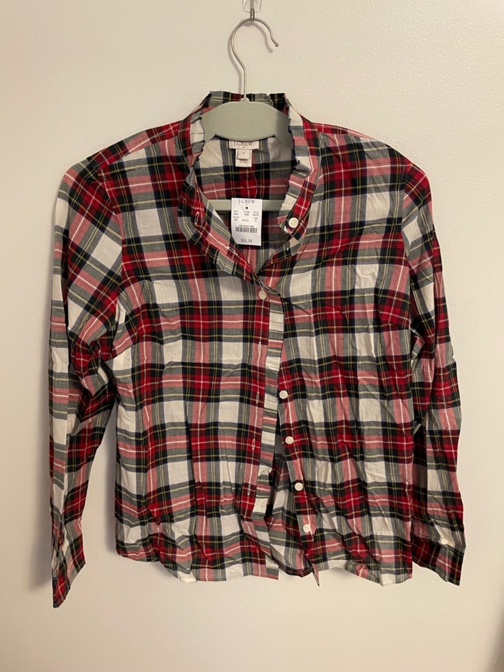 J. Crew Red Plaid Ruffled Collar Button-Up